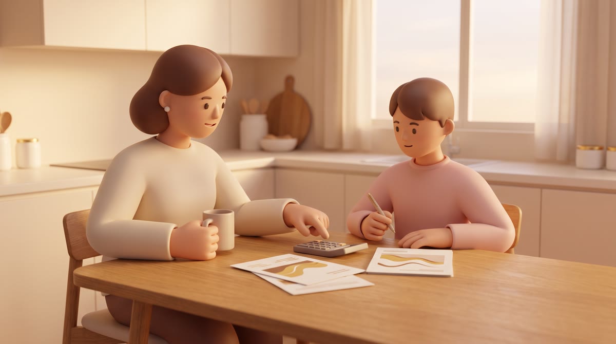A parent and a teenager sitting at a kitchen table in warm evening light, a calculator and a few pri