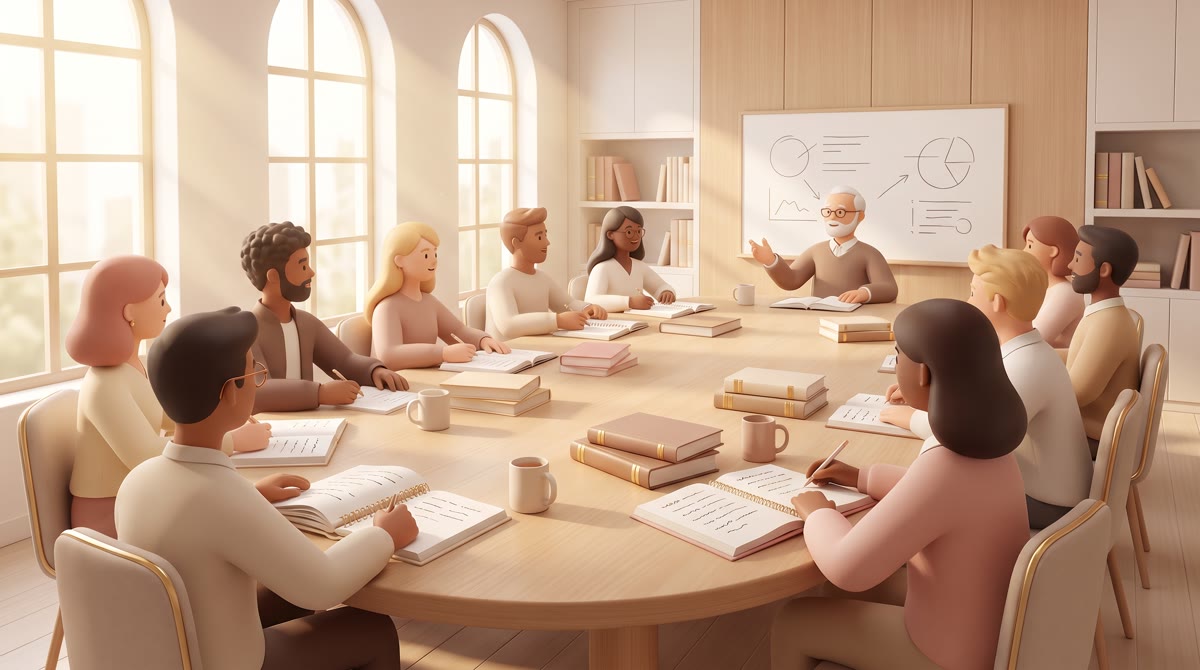 Ten students and a professor around an oval wooden seminar table, sunlight through tall windows, ope