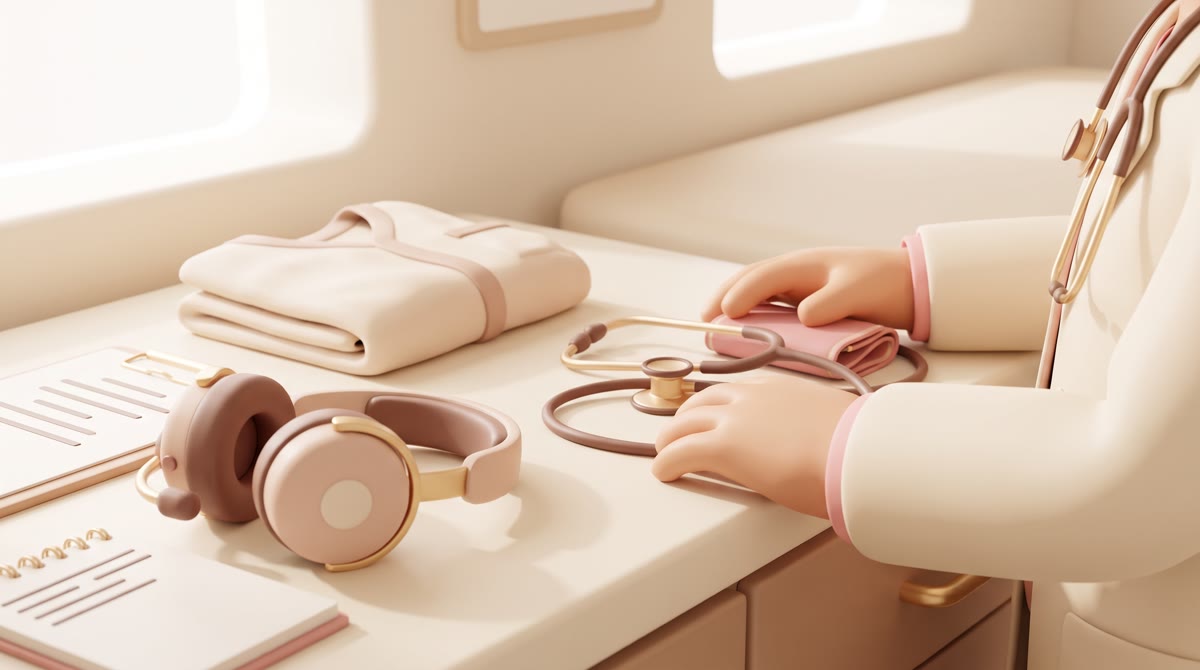 Close-up of a physician's hands holding a stethoscope and blood-pressure cuff in a bright clinical e