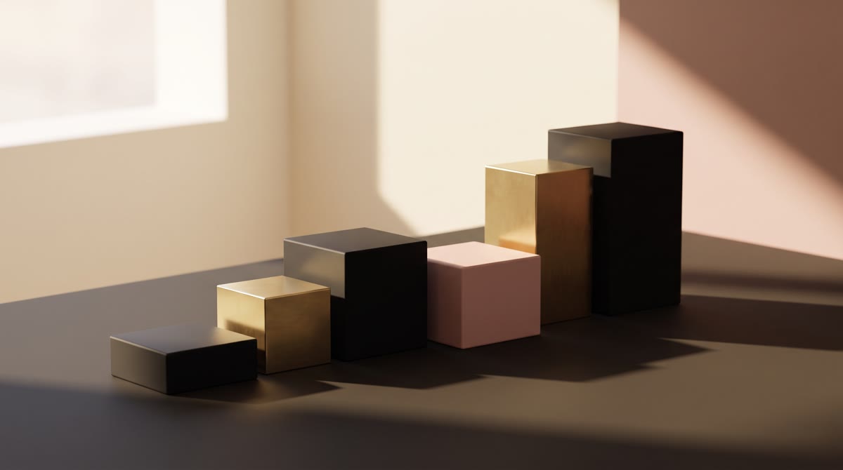 Abstract editorial still life on a dark neutral surface: brass and matte-black blocks of unequal hei