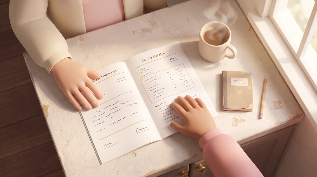 A high school transcript and course catalog spread on a kitchen counter with morning coffee, pages s