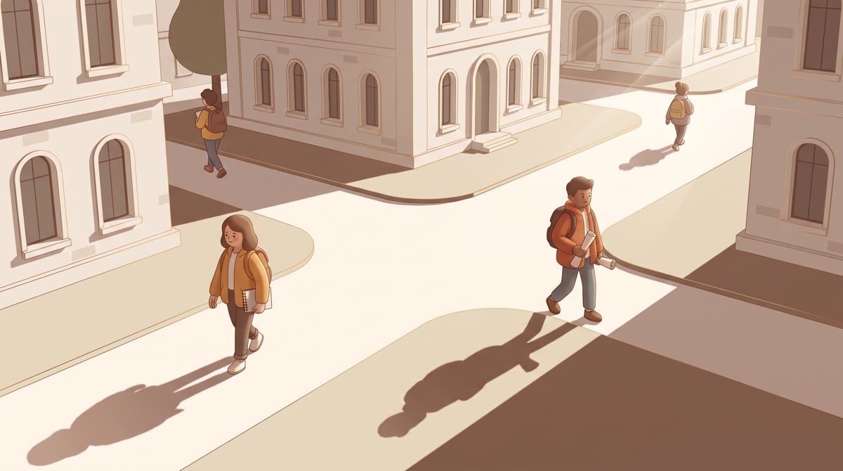 Early-morning wide shot of a university quad in Texas with long shadows, limestone buildings, and a 