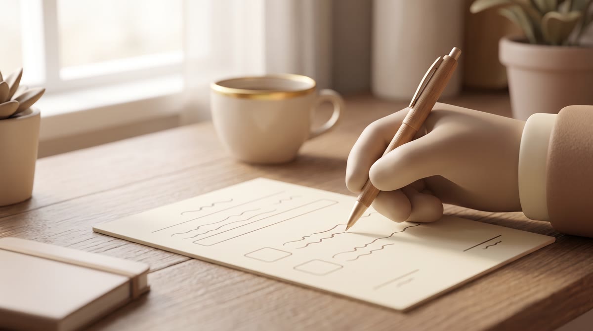 Close-up of a hand holding a pen above a printed form showing abstract placeholder lines, kitchen ta