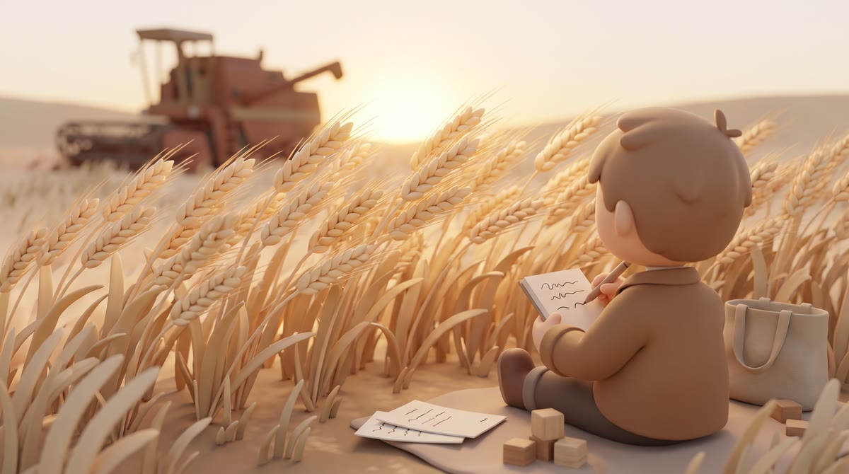 Close-up of ripe golden wheat heads bending in wind at sunset, an old red harvesting machine blurred