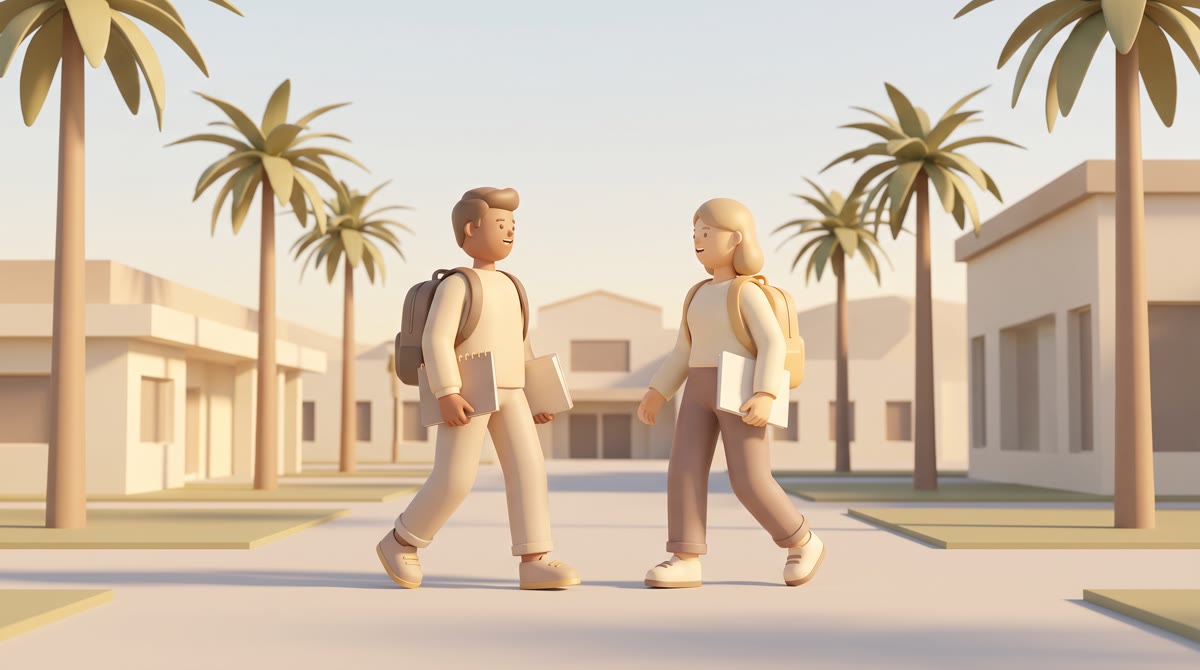 Two students with backpacks walking across a sunlit community college quad, palm trees and low moder