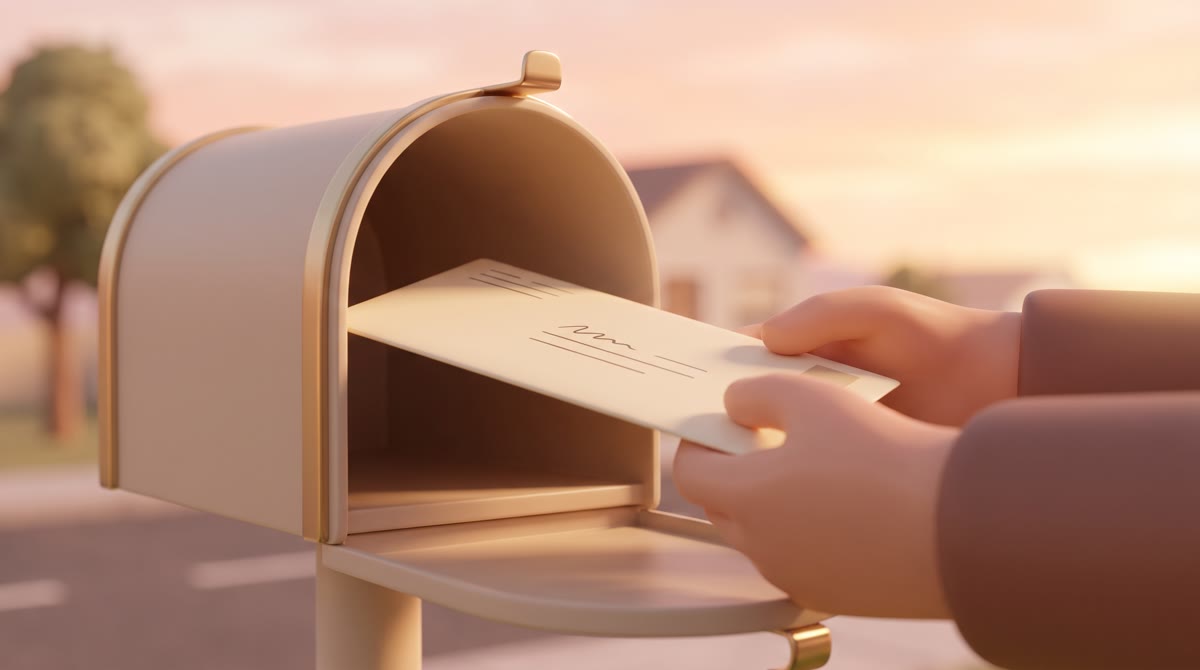 Close-up of hands sliding a paper envelope into a mailbox at golden hour, blurred residential street