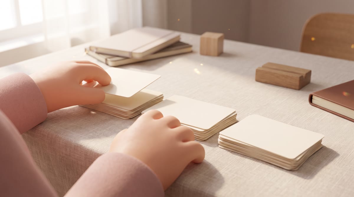 Close-up of two hands sorting blank index cards into three neat piles on a warm linen tabletop, soft