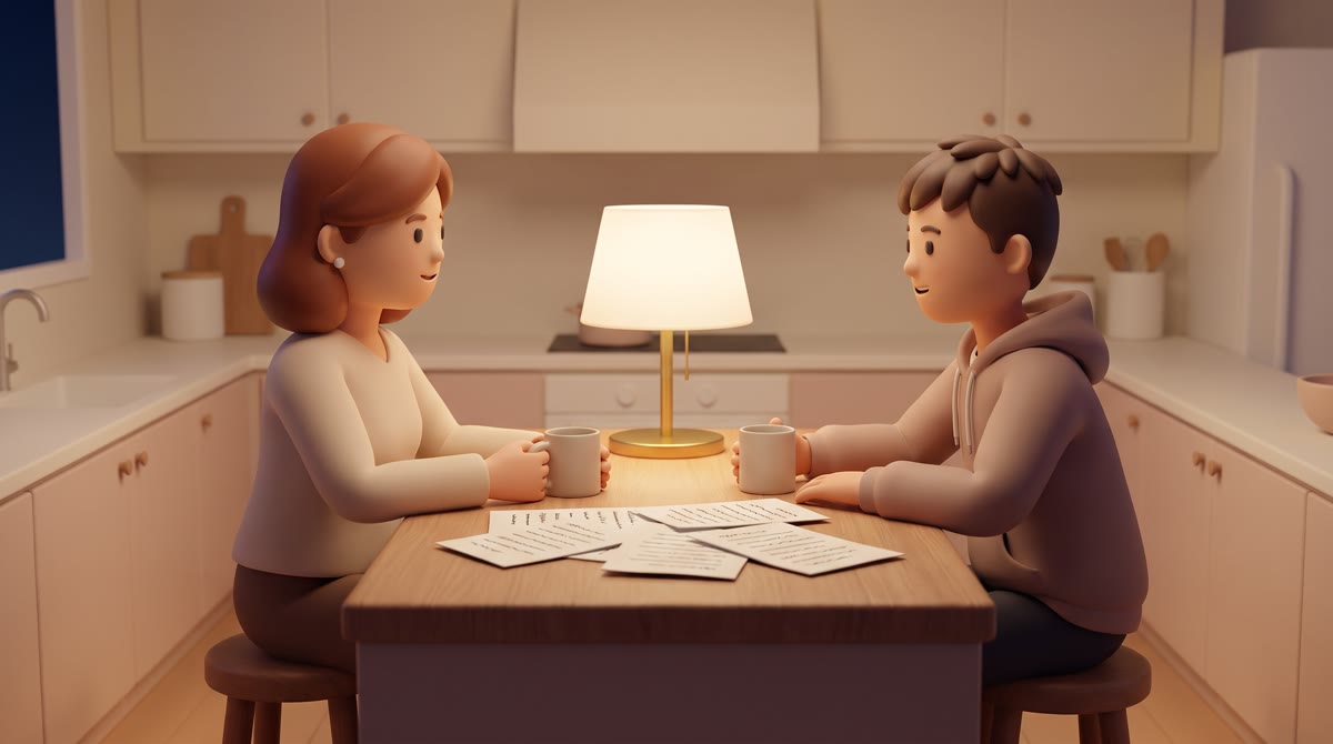 A parent and a teenager sitting on opposite sides of a kitchen island at night, mugs between them, l