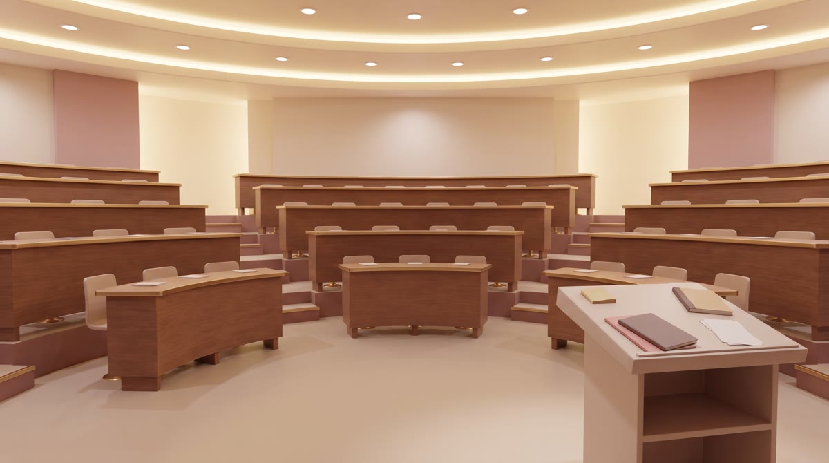 Empty tiered case-method classroom with curved wooden desks and warm overhead lighting, viewed from 