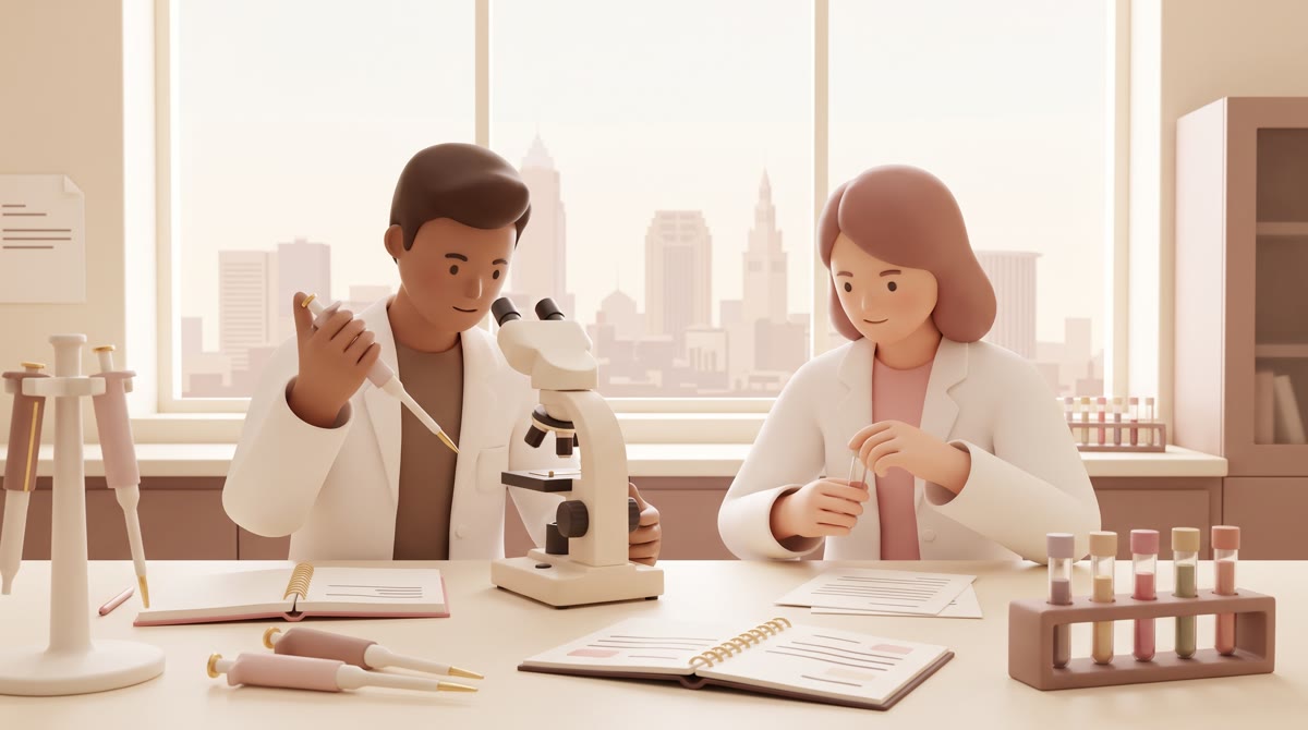 Two students in white lab coats working at a bench in a university biomedical research lab, pipettes