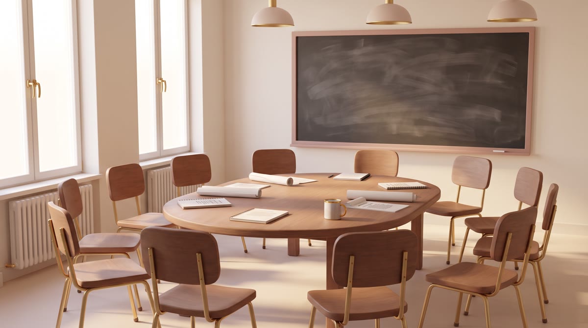 Empty seminar room with a dozen wooden chairs pulled into a loose circle around a single table, late