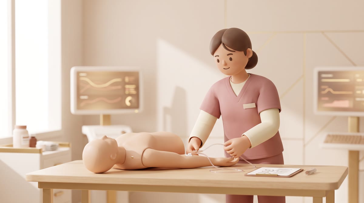 A nursing student in scrubs adjusting an IV line on a training manikin in a simulation lab, monitors