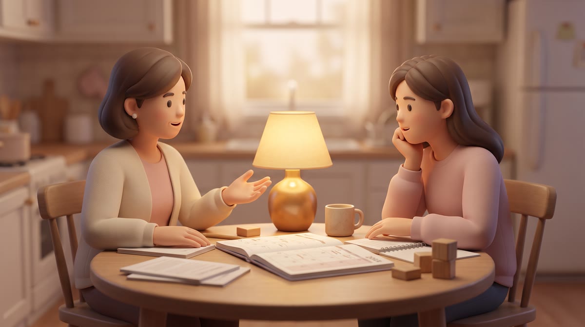 A high school senior and a parent sitting at a kitchen table under warm lamplight in the evening, a 