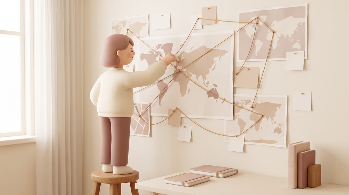 Student's room with hand-pinned maps and string showing spatial connections.