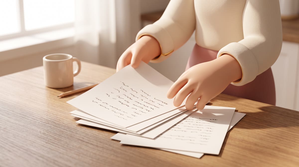 Close-up of a student's hands sorting a stack of blank printed pages with abstract placeholder lines