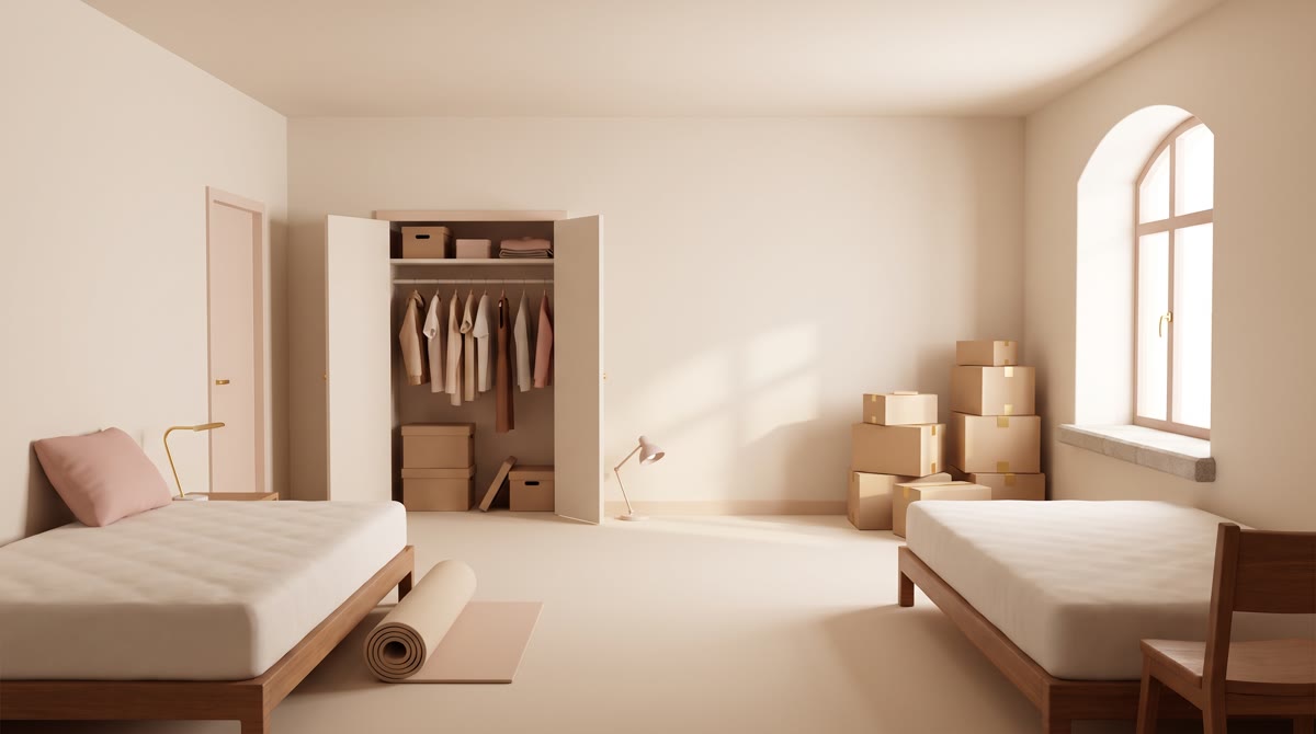 An empty collegiate residence hall double room in late afternoon light, two bare mattresses, open cl