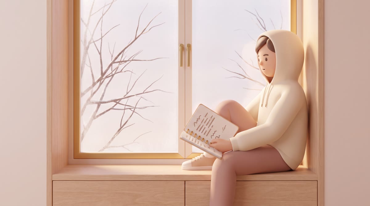 A student in a hoodie sitting sideways on a dorm-style window seat with a notebook of abstract place