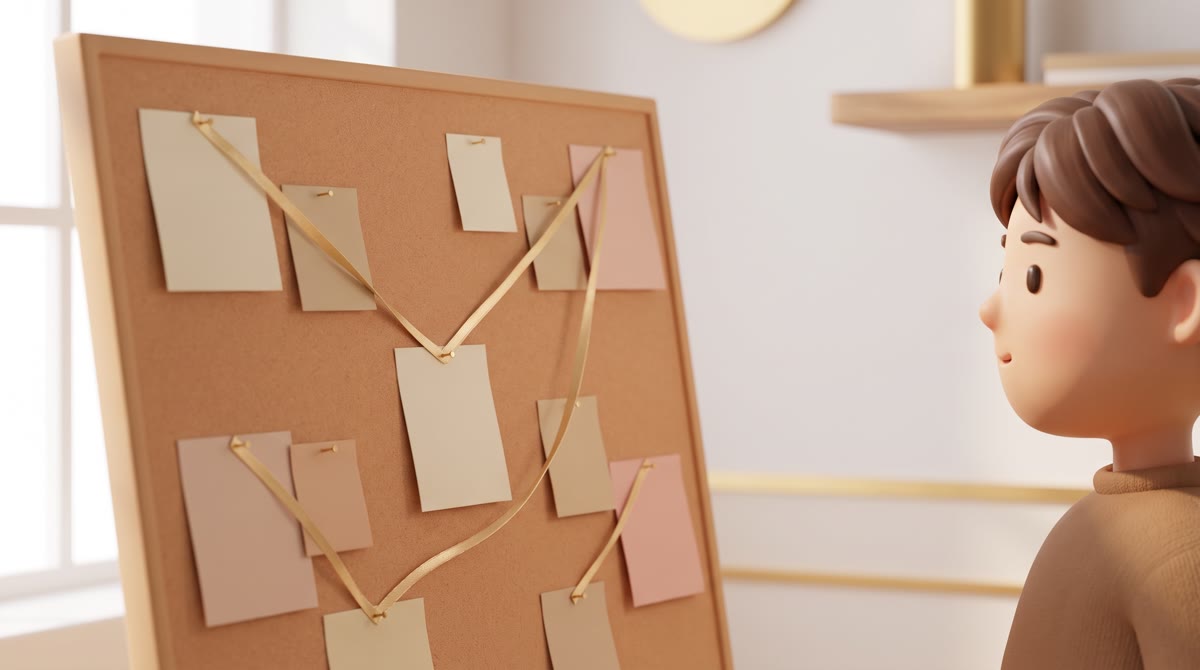 Close-up of a corkboard covered in blank colored sticky notes and pinned ribbon strands connecting t