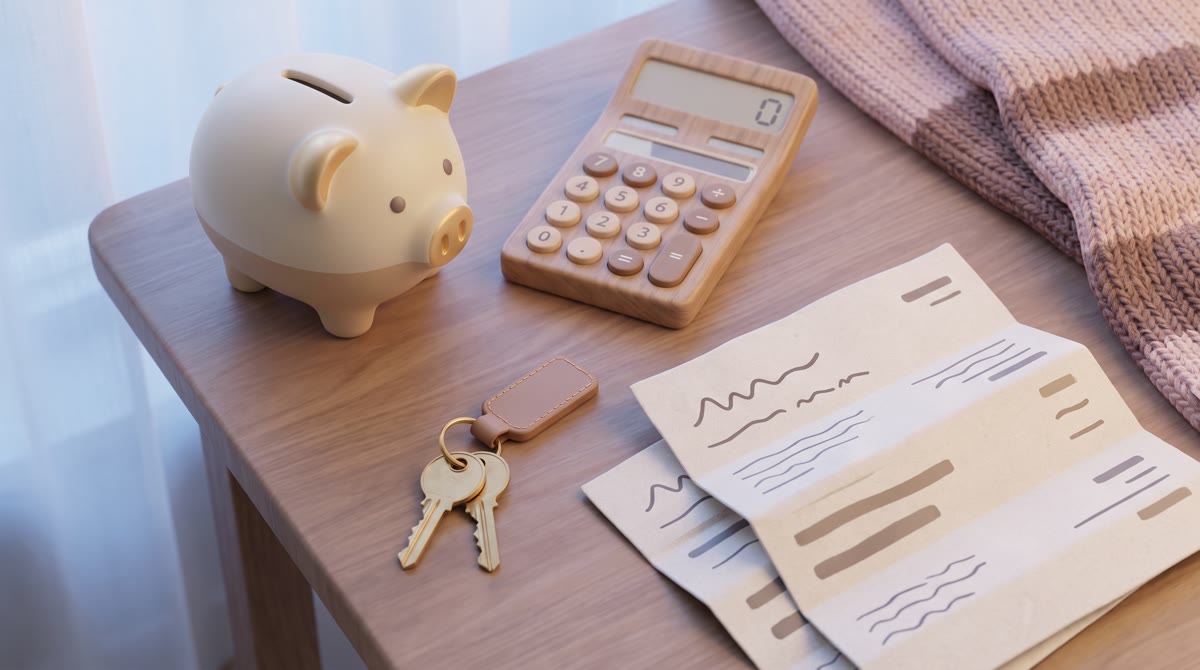 Overhead shot of a wooden desk with a calculator, a ceramic piggy bank, a set of house keys and fold