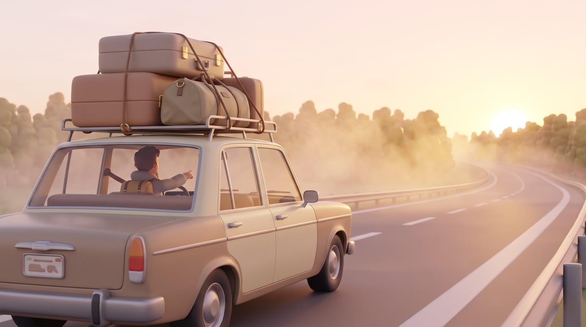 An overloaded sedan on an interstate at sunrise, suitcases and a duffel strapped to the roof rack, m