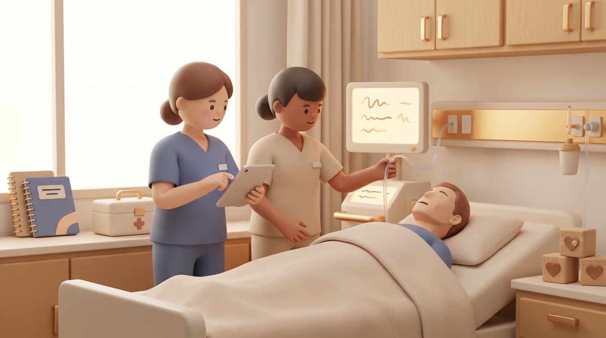 Two nursing students in scrubs working with a patient simulation manikin in a clinical skills lab, m