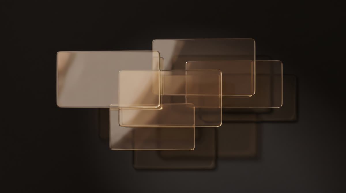 Five overlapping panes of amber-tinted glass suspended against a near-black background, slightly mis