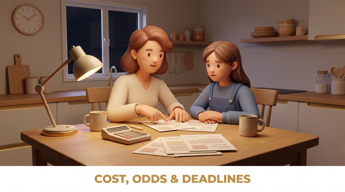 A mother and teenage daughter at a kitchen table at night, coffee mugs and a calculator between them