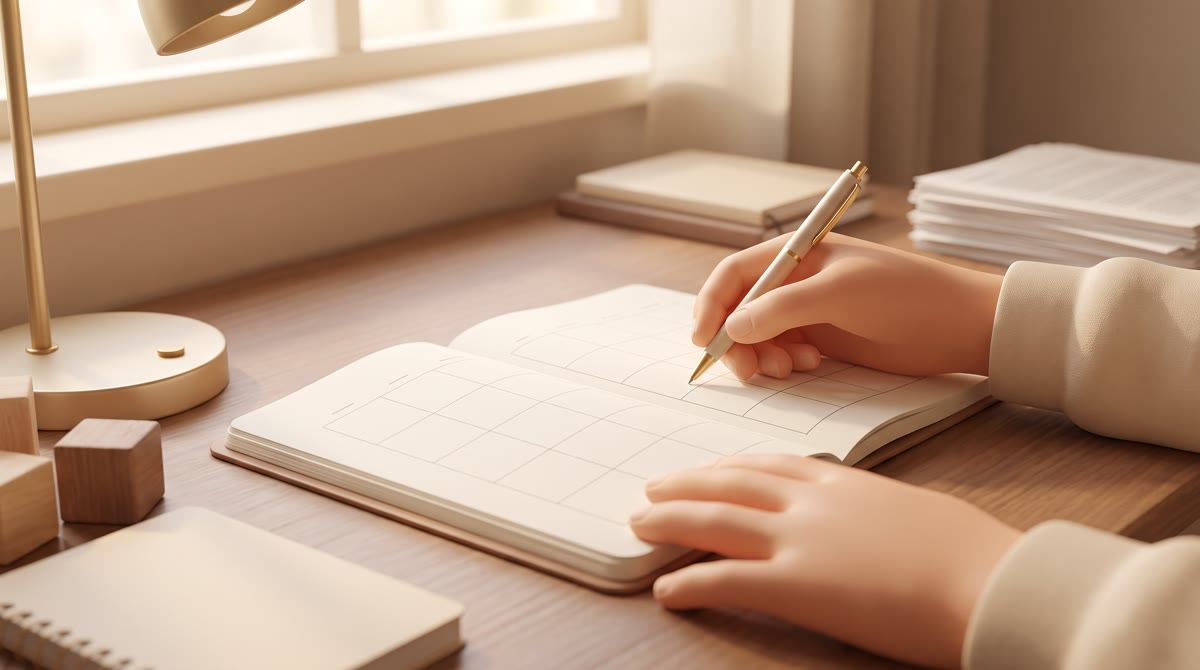 Close-up of two hands marking a blank unlabeled paper planner grid with a pen, warm desk lamp light,
