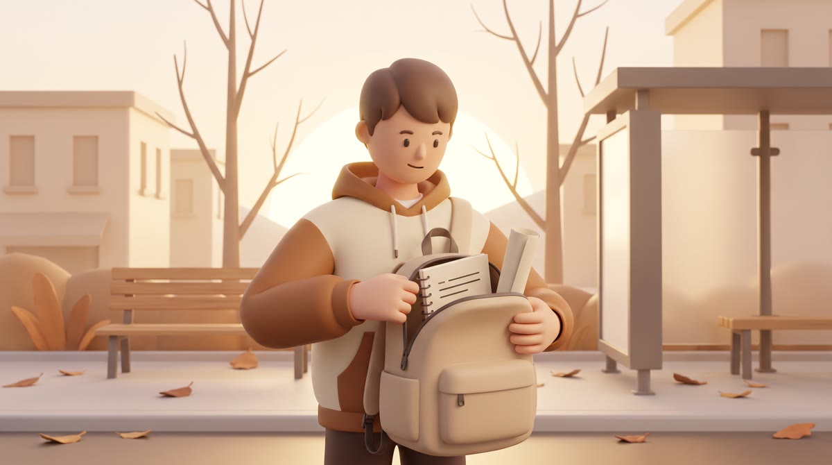 A high school senior in a hoodie zipping a backpack at a suburban bus stop on a cool November mornin