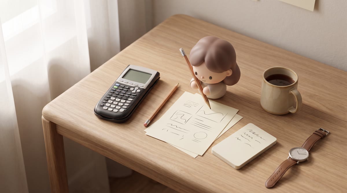 Overhead composition of a wooden desk with a graphing calculator, a sharpened pencil, a coffee cup a