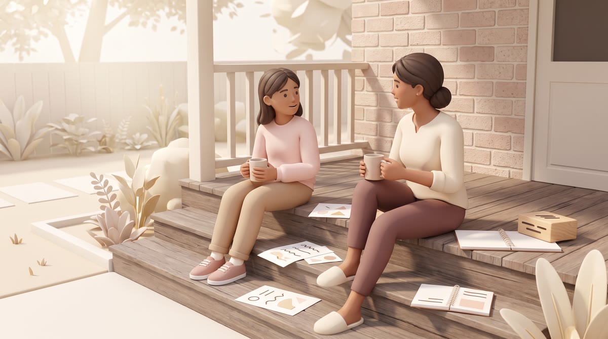 A parent and teenage daughter sitting on porch steps of a brick house with coffee mugs, papers with 