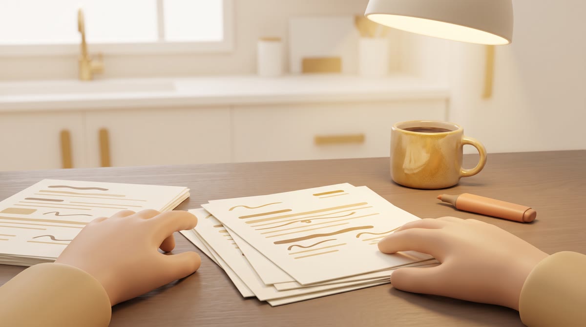 Close-up of two hands on a kitchen table sorting paper stacks covered in abstract placeholder lines,