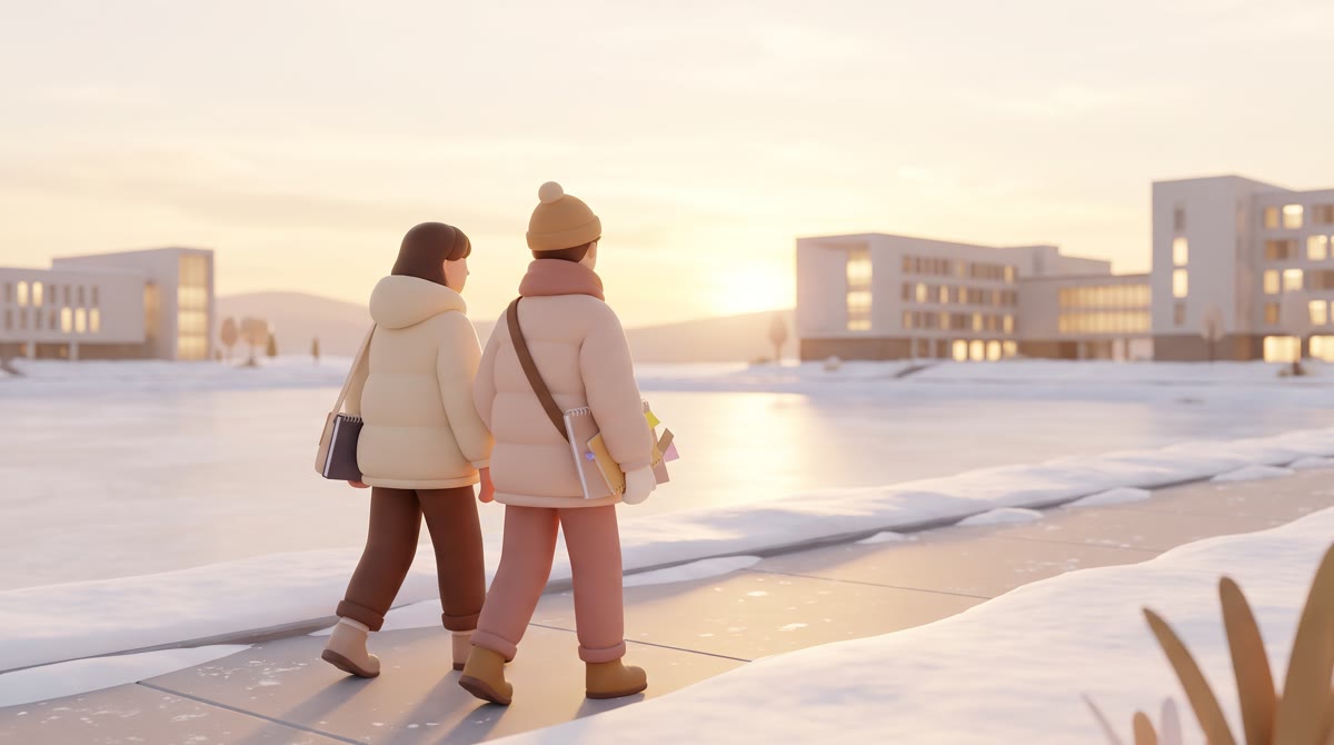 A snow-lined campus footpath beside a frozen lake at dusk, distant modern academic buildings with li
