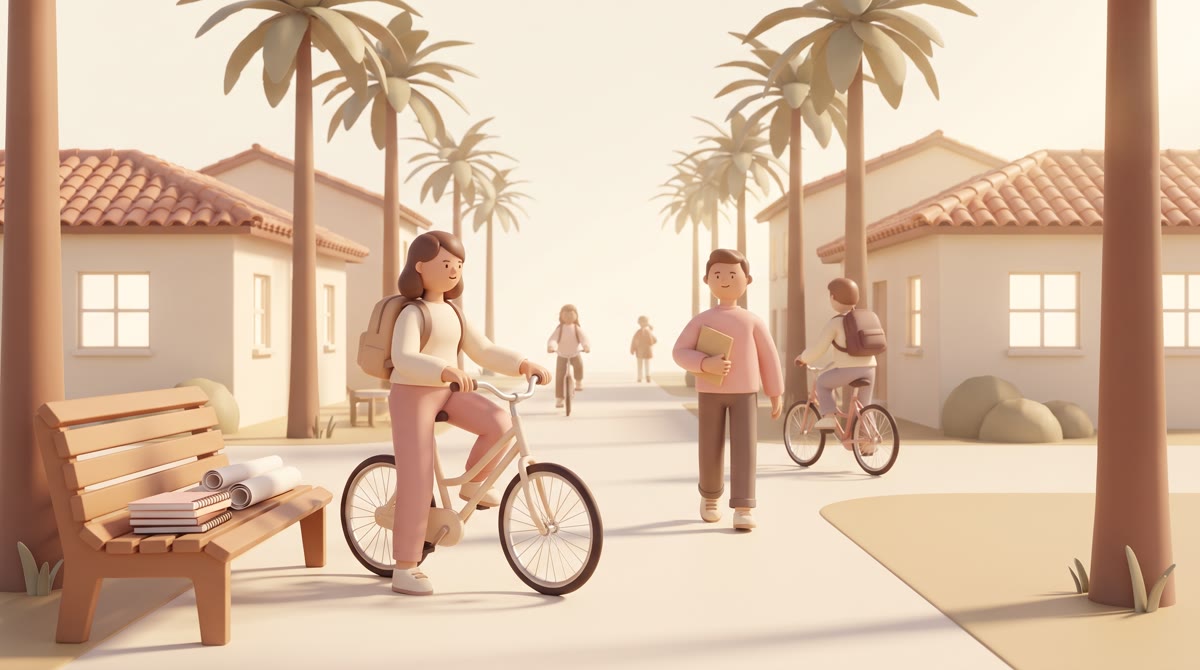 Students biking and walking between two adjacent college campuses on a sunny California path, palm t