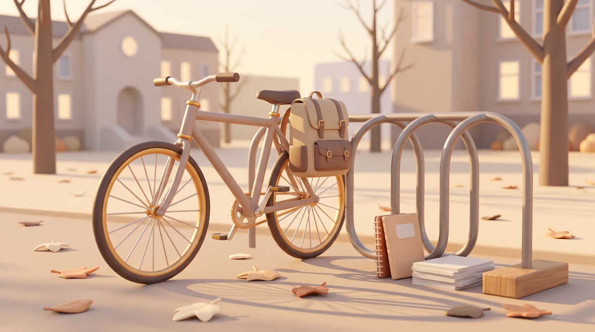A single bicycle leaning against a metal rack on a campus quad in late fall, backpack slung over the
