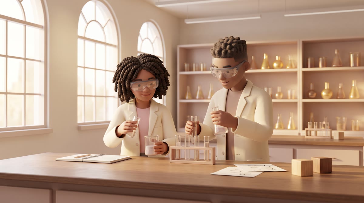 Two students in lab coats and safety glasses examining samples at a bench in a bright university che