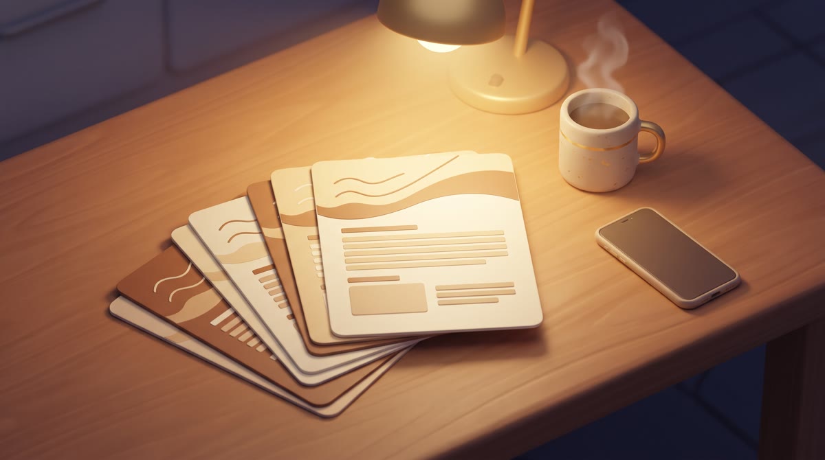 Overhead view of a kitchen table at night with printed application pages fanned out showing abstract