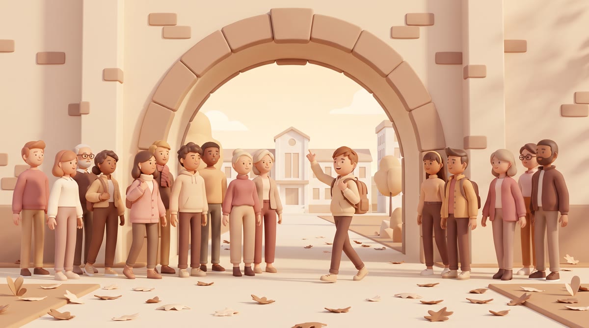 A campus tour group of about fifteen teenagers and parents pausing under a stone archway, guide walk