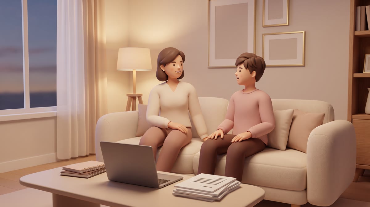 A parent and teenager sitting side by side on a living room sofa in warm evening lamplight, laptop c