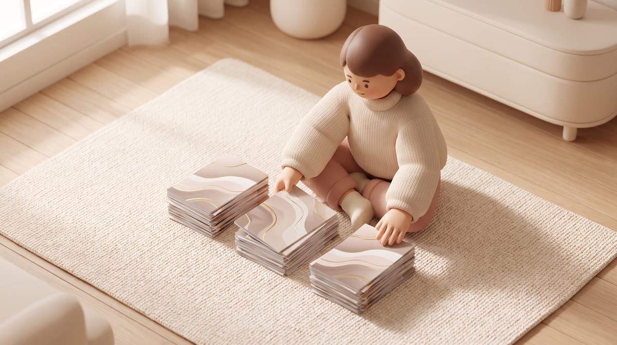 Overhead shot of hands sorting a spread of glossy college brochures into three separate stacks on a 