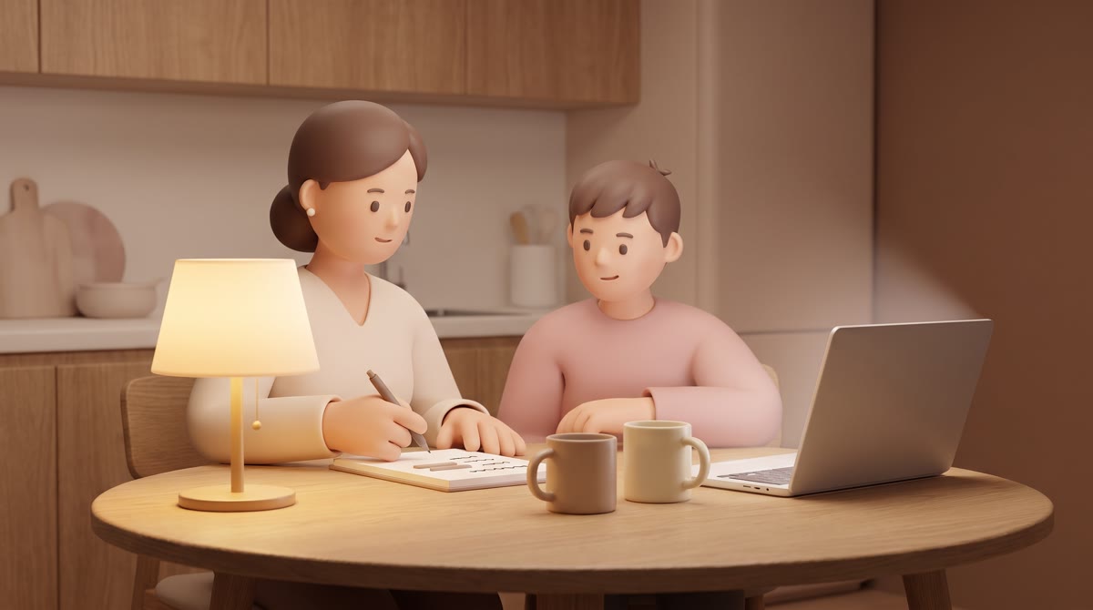 A parent and a teenager at a kitchen table late at night, one holding a pen over a notepad with abst