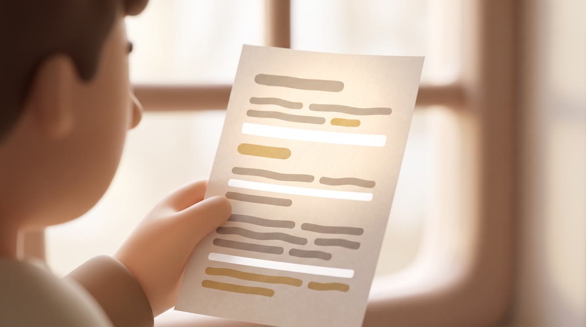 Extreme close-up of a printed page held up to bright window light, showing abstract placeholder line