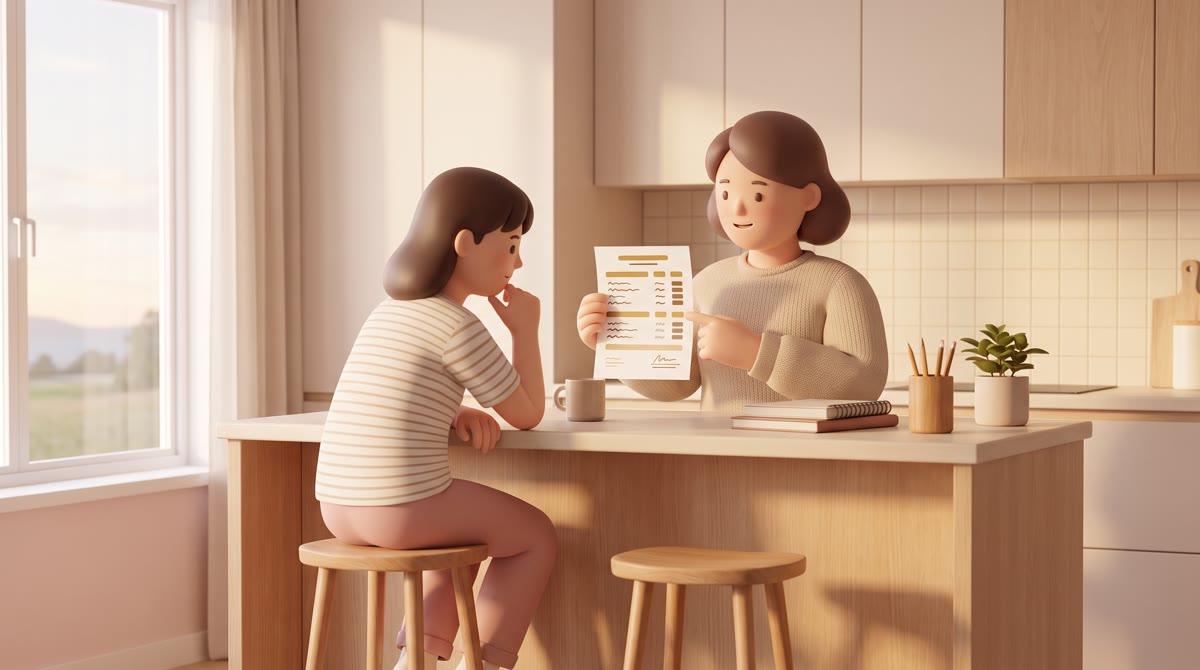 A high school student and a parent sitting on a kitchen stool side by side, looking at a printed tra