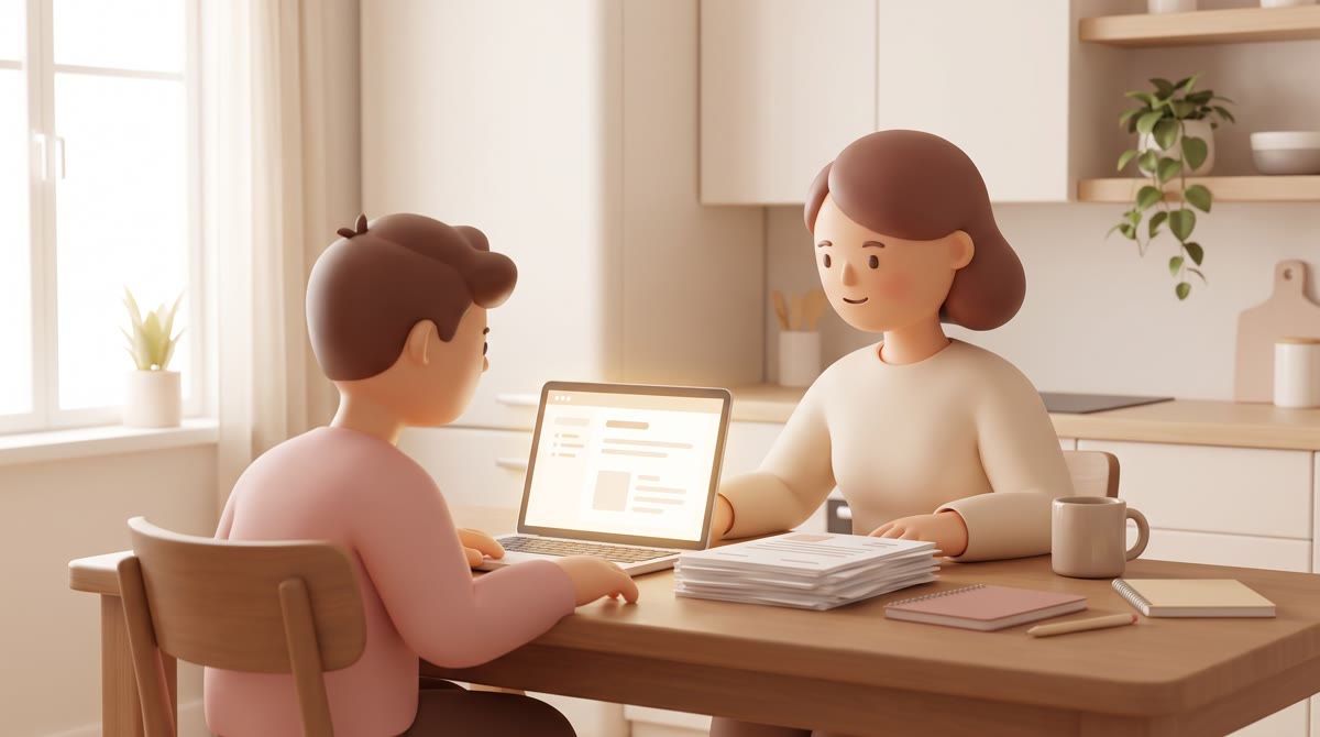 A parent and teenager sitting side by side at a kitchen table in warm evening light, laptop open and