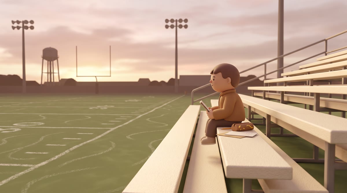 Empty aluminum bleachers beside a chalk-lined grass football field at dusk, floodlight poles and a w