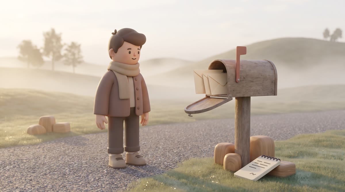 A rural mailbox at the end of a gravel driveway in early morning fog, its door open with several env