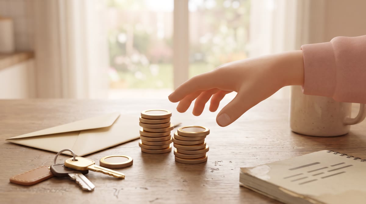 Close-up of two uneven stacks of brass coins on a weathered wooden kitchen table, a folded envelope 