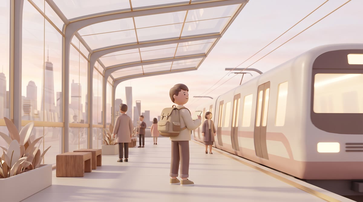 A commuter train platform in early morning light with a student in a backpack among office workers, 